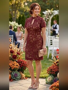 2X Blu Pepper Burgundy Lace Illusion Dress Wedding Guest Plus Size